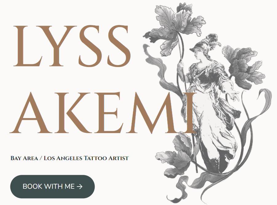 "Lyss Akemi" Tattoo booking link with an illustration of a woman with flowers